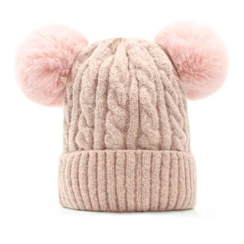 Fashion Beanie Korean Style Doulbe Wool Ball Women's Hat Cute Solid Knitted Beanies Warm Winter Hats Woman Fur Hat