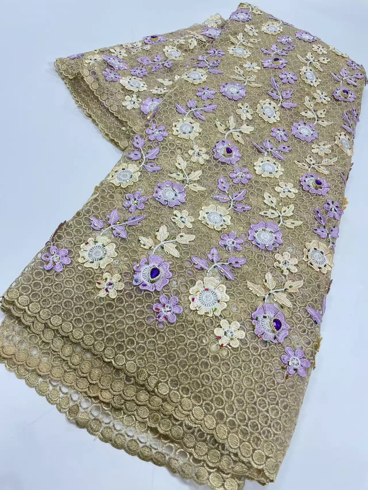 2026 African Nigerian 3D Flower High Quality Embroidery Lace Fabric Water Soluble Wedding Party Dress Guipure Stones 5Yards