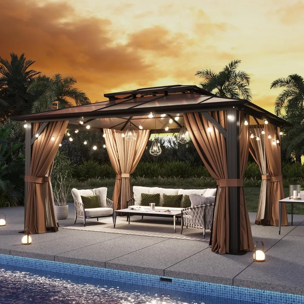 أكشاك صلبة مقاس 12 × 10 بوصة، إطار من الألومنيوم جناح دائم مع ستائر وشبكة، مظلة سقف مزدوجة من البولي كربونات الخارجية، #3