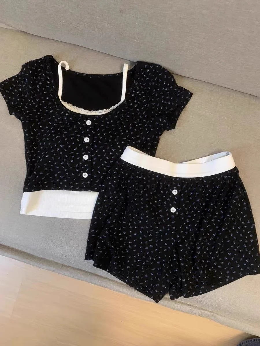 

Black Floral Pajama Set - Short Sleeve Button Front Lace Trim Soft Sleepwear Women's 2 Piece Loungewear Summer Nightwear Y2K