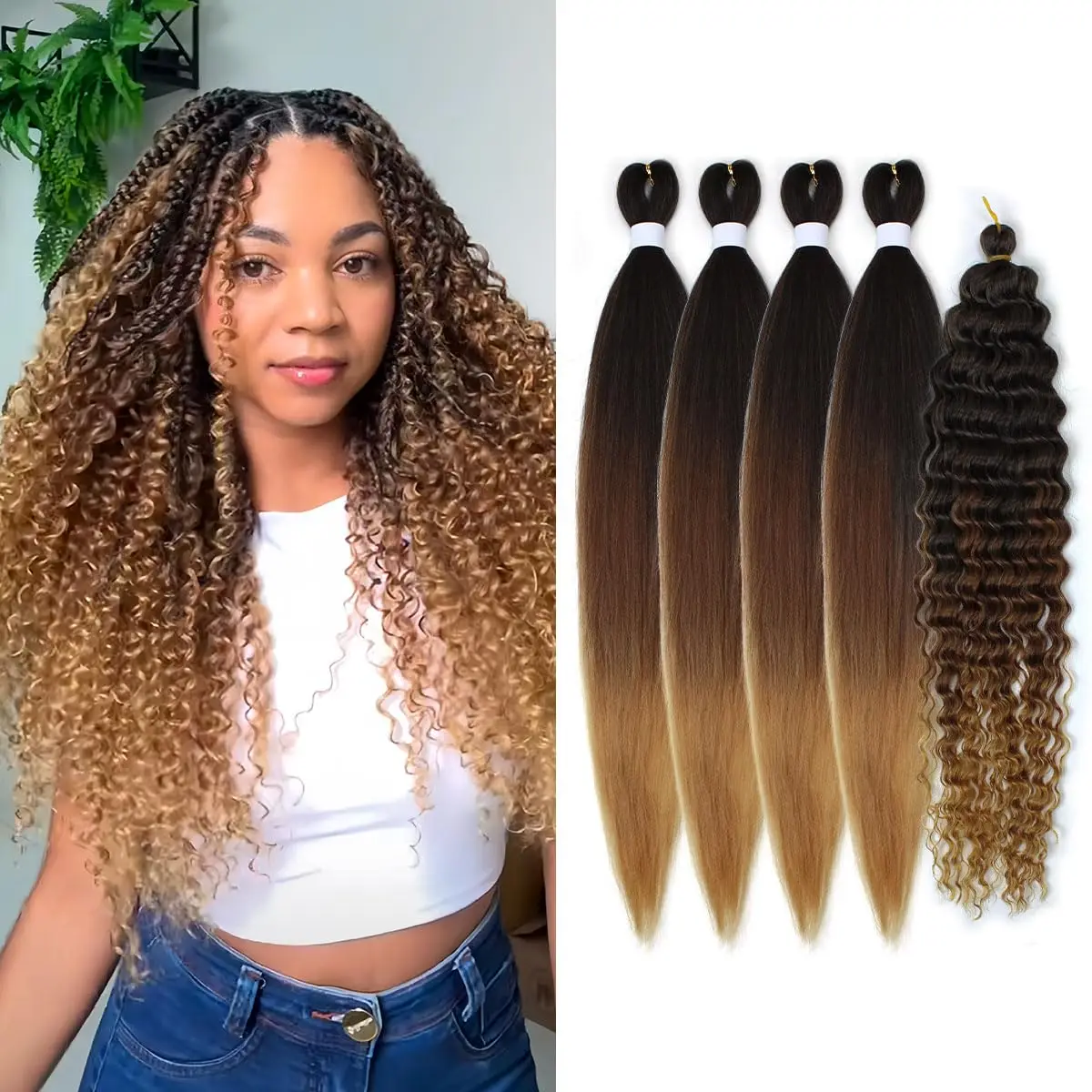 4+1 5 Dundle Deals Brown To Honey Blonde Curly Crochet Braids Pre Stretched,Ombre Knotless Boho Hair for Braiding Hair Synthetic
