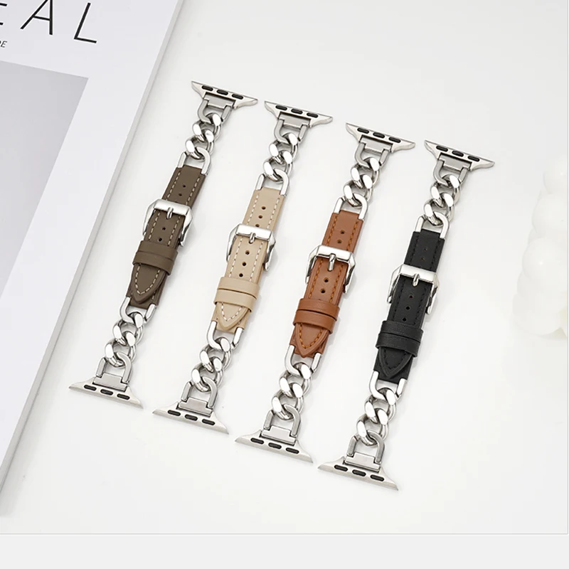 Leather Strap for Apple Watch 10 Band 46mm 42mm 44mm 40mm 41mm 45mm Women Stainless Steel bracelet iWatch Series 9 8 SE 7 6 Belt