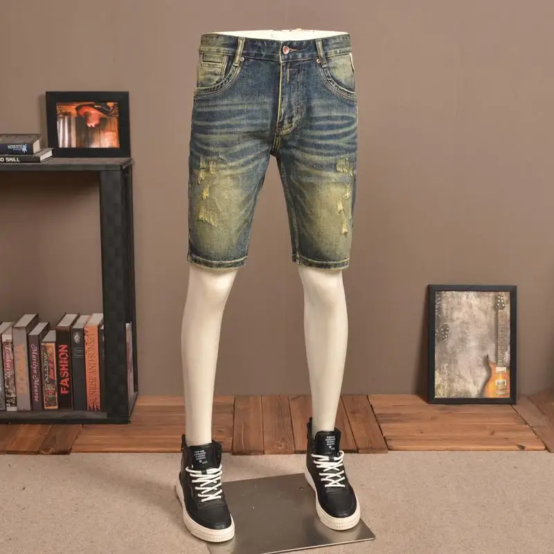 

Summer 2025 Streetwear Clothing Washed Retro Old Ripped Denim Men's Trendy Brand Slim Casual Five-point Jeans Denim Blue Shorts