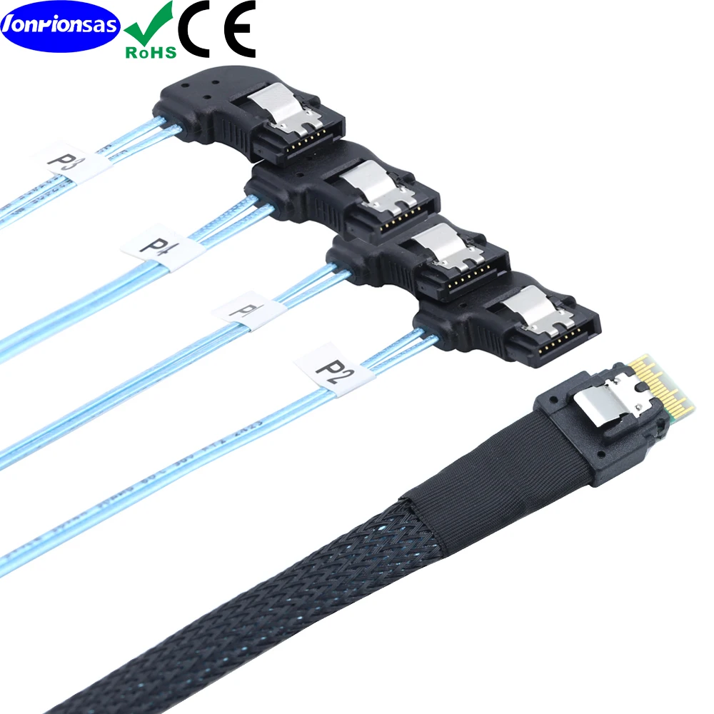 PCI-E 4.0 Slimline SFF-8654 4i 38Pin to 4 Right Angle SATA 7Pin Female Breakout Cable Internal Server Storage Data Cord