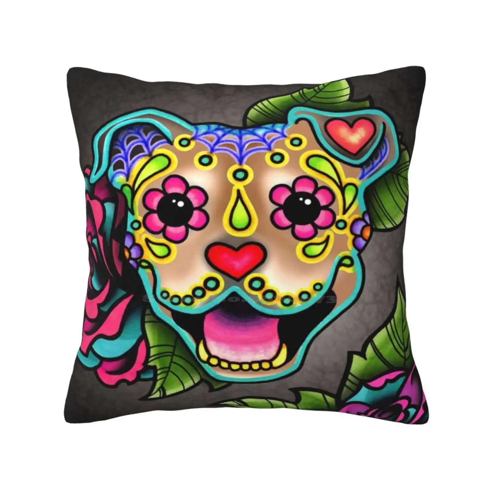 Smiling Pit Bull In Fawn-Day Of The Dead Happy Pitbull-Sugar Skull Dog Fashion Sofa Throw Pillow Cover Pillowcase Pitbull