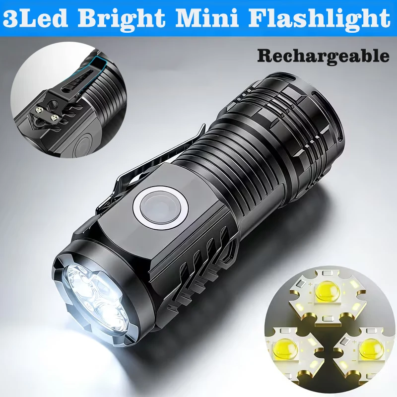 Mini 3LED Flashlight With Pen Clip,Night Walking, Portable Brightness,Rechargeable Waterproof Emergency Spotlight Outdoor Torch