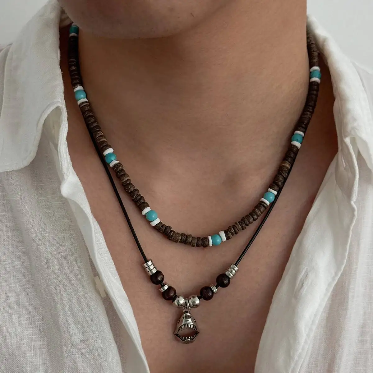 SHIXIN 2Pcs/Set Retro Coconut Husk Chain Irregular Hollow Metal Pendant Necklace Men Punk Geometry CCB Adjustable Choker Jewelry