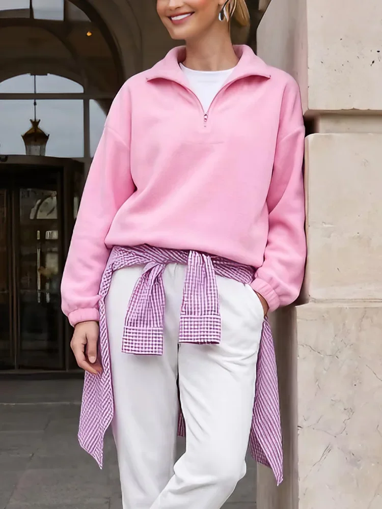 Fleece Half Zip Sweatshirt Long Sleeve Mock Neck Drop Shoulder Ribbed Cuff Ribbed Hem Oversized Daily Street Sweatshirt