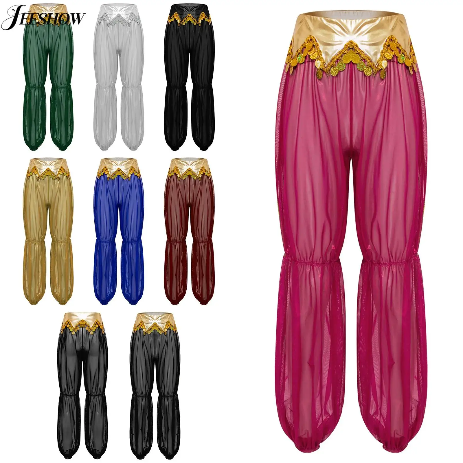 

Womens Arabian Princess Costume Bottoms Sequins Tassel Shiny Metallic Waist Harem Pants Sheer Mesh Slit Leg Cover Up Trousers