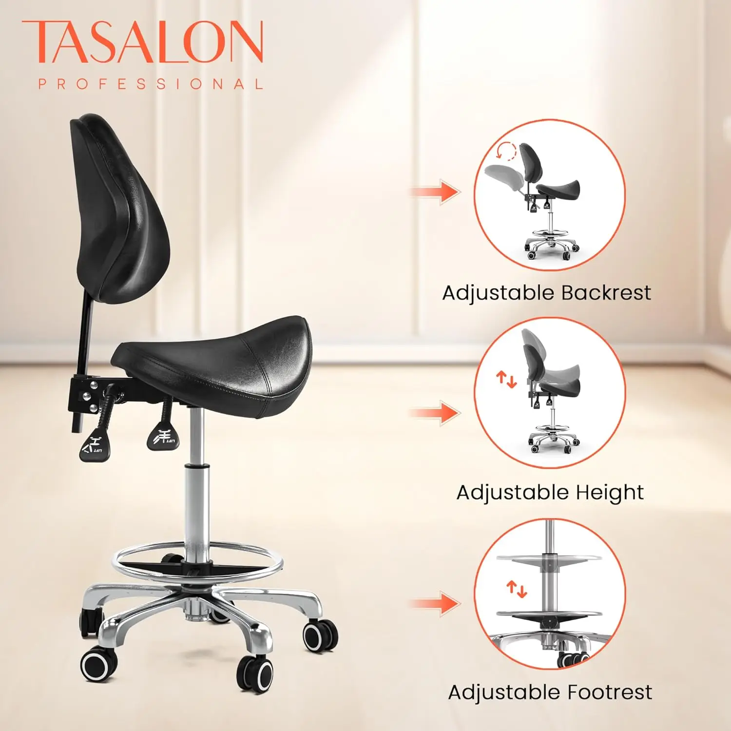 Tasalon Stool With Back Support Ergonomic Adjustable Stool With Wheels - Swivel Salon Cutting Stool For Kitchen, Salon,