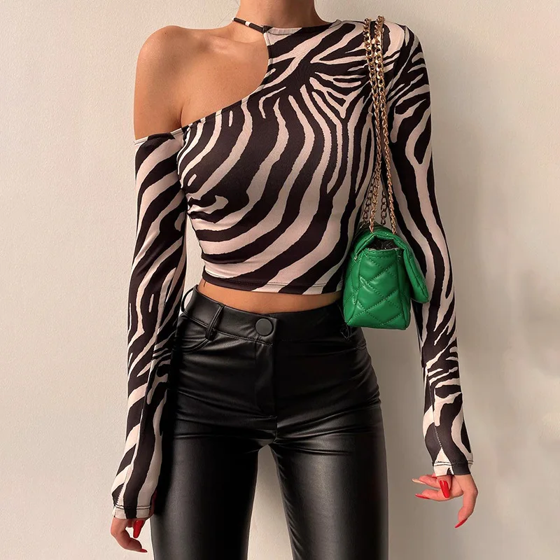 

Animal Zebra Print Off-shoulder Cropped T-shirt Women Slim Sexy Long Sleeve Tees Ladies Fashion Crop Tops Streetwear Y2K Clothes