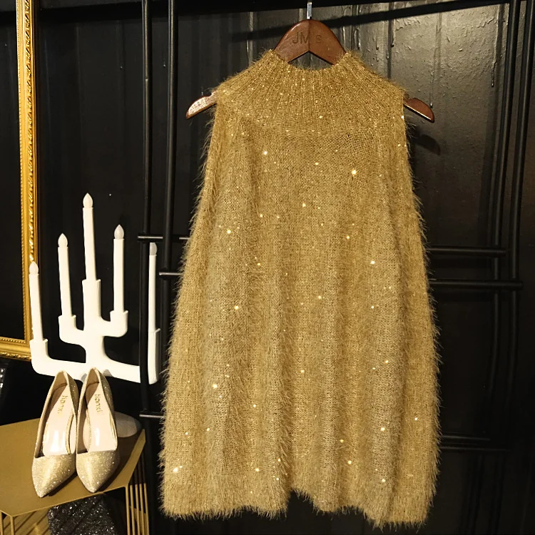 

iny Sequin Sexy oulder Bared f High Collar Sweater Trendy Autumn Winter New Arrival Chic Lady Commute Sle Long Sv...