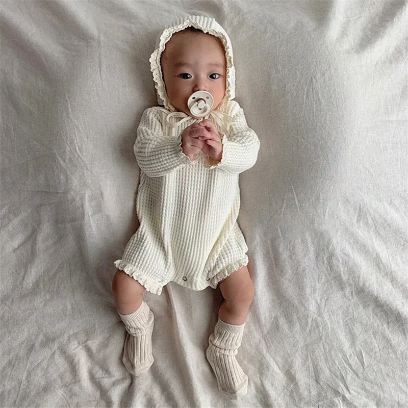 Spring Autumn Baby Girl Rompers With Hat Long Sleeve Newborn Girl Jumpsuit Cute Solid Color Baby Girl Outfits