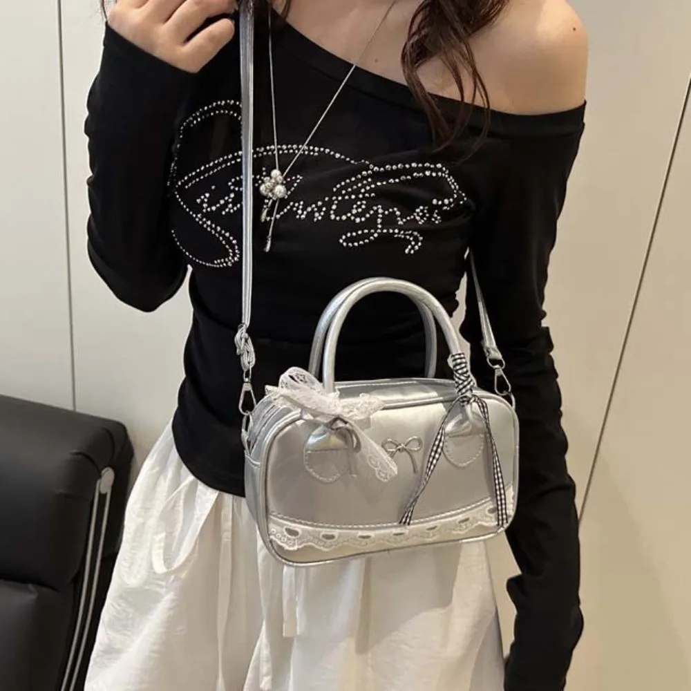 Messenger Bag PU Leather Boston Handbag Bow Lace Ribbon Crossbody Bowling Bag Waterproof Texture Small Square Bag Women