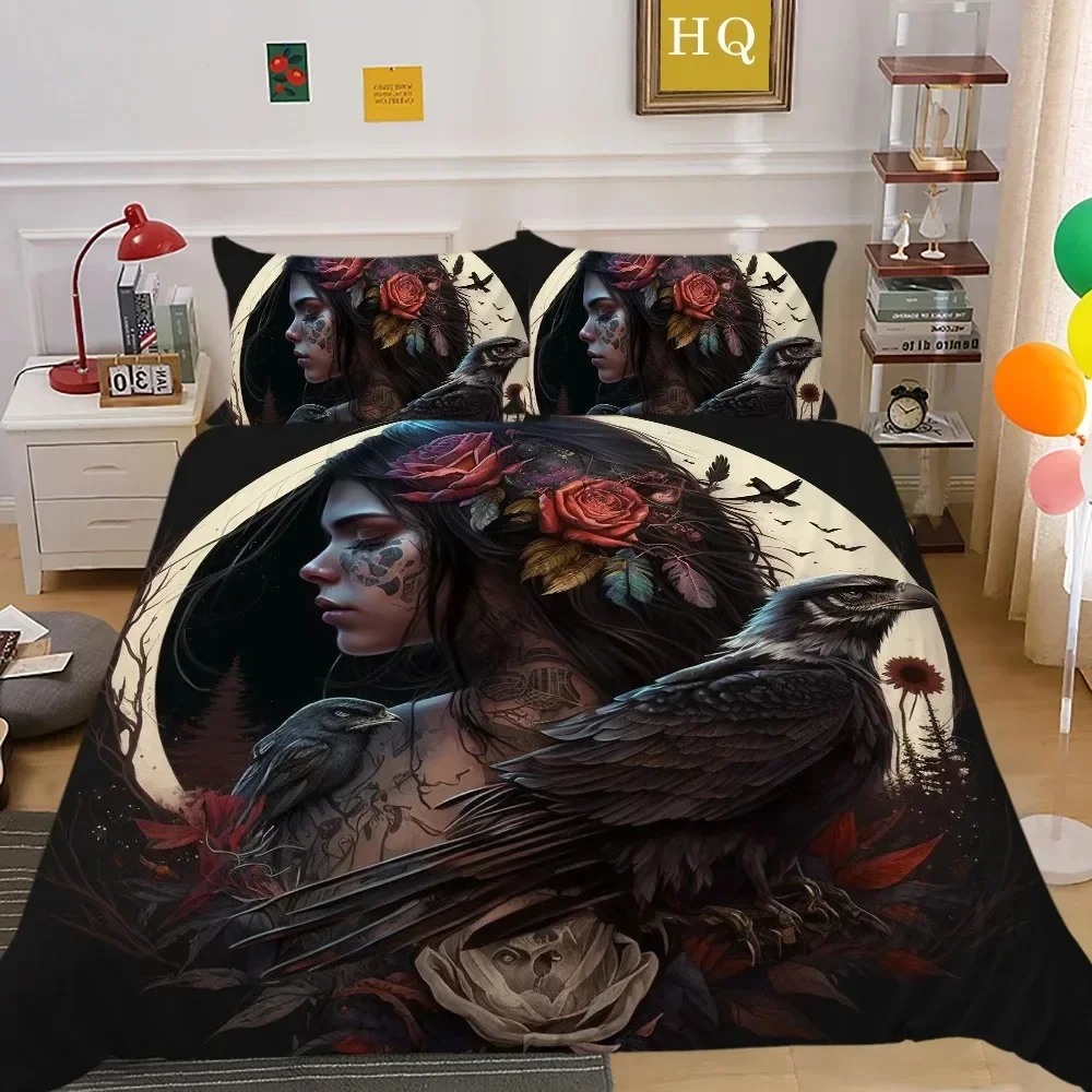 

Luxury New 3D Print Skull and Beauty Duvet Cover Set Full Size Gothic Sugar Skull Angels and Demons Bedding Set Double Bed Sets