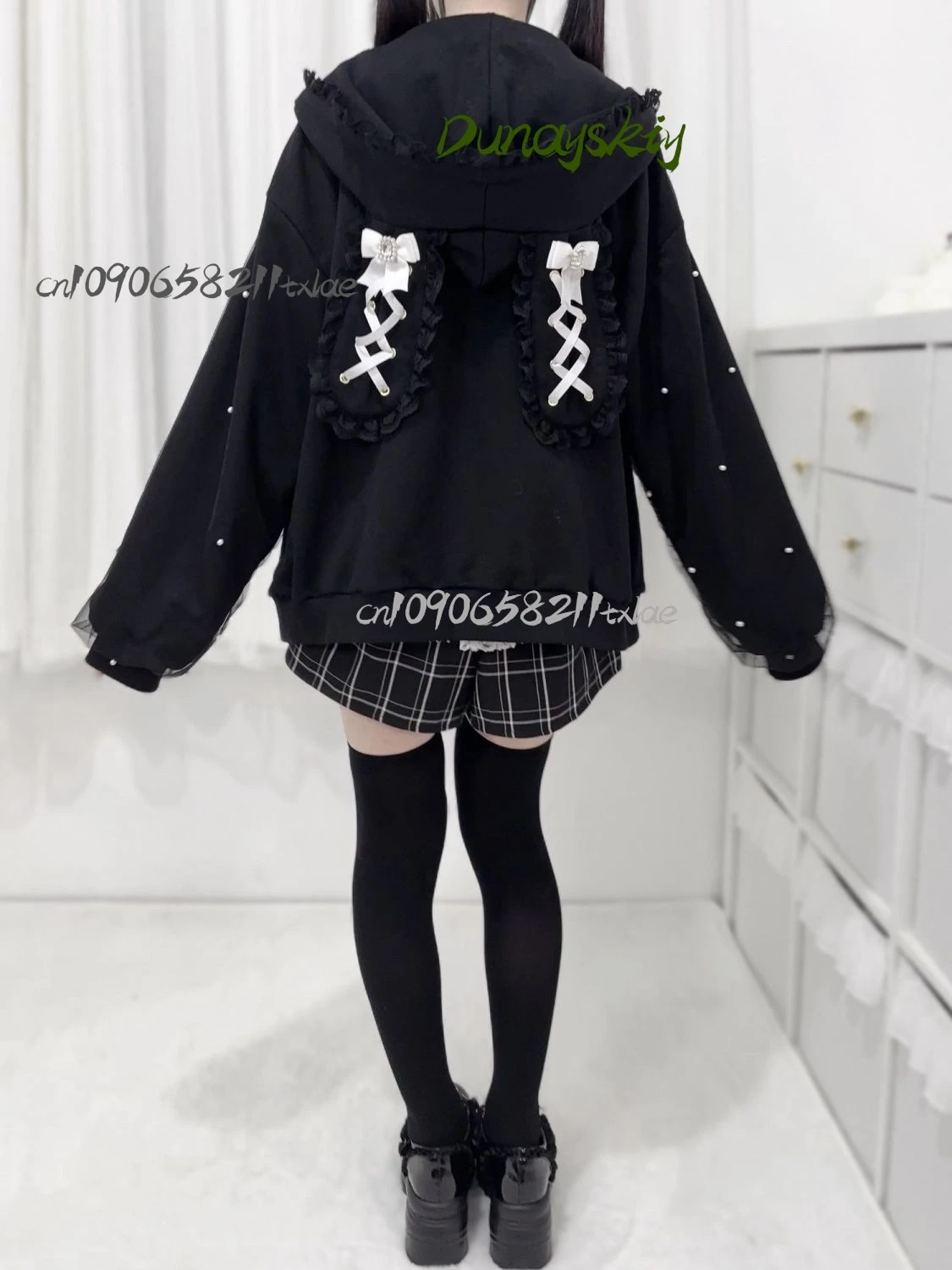 Bunny Hoodie Hoodies Y2K Rabbit Ear Hoodie Lolita Jacket Bow Girls Pearl JK Japan Lace Kawaii Zipper Cardigan Long Sleeved Top