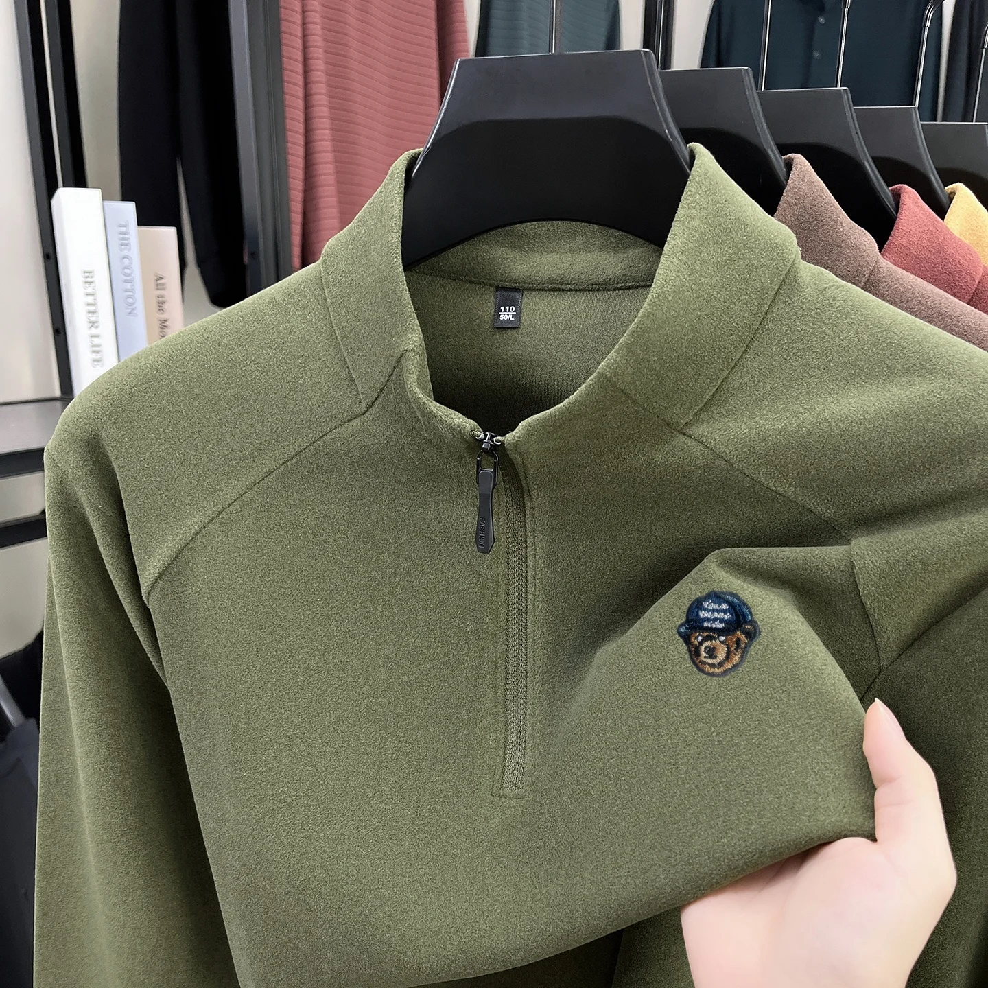 High End Brand Men's Embroidery Print T-Shirt New Stand Collar Half Zip Long Sleeved Solid Color Top Casual Exquisite Men's Wear