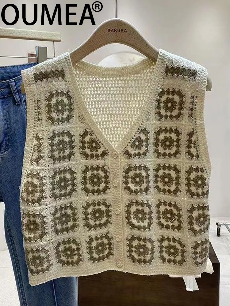 OUMEA Women Boho Style Sweater Vest Check Pattern Spring Ethnic Cardigan Buttons Front Vintage Knitting Hollow Out Cardigan