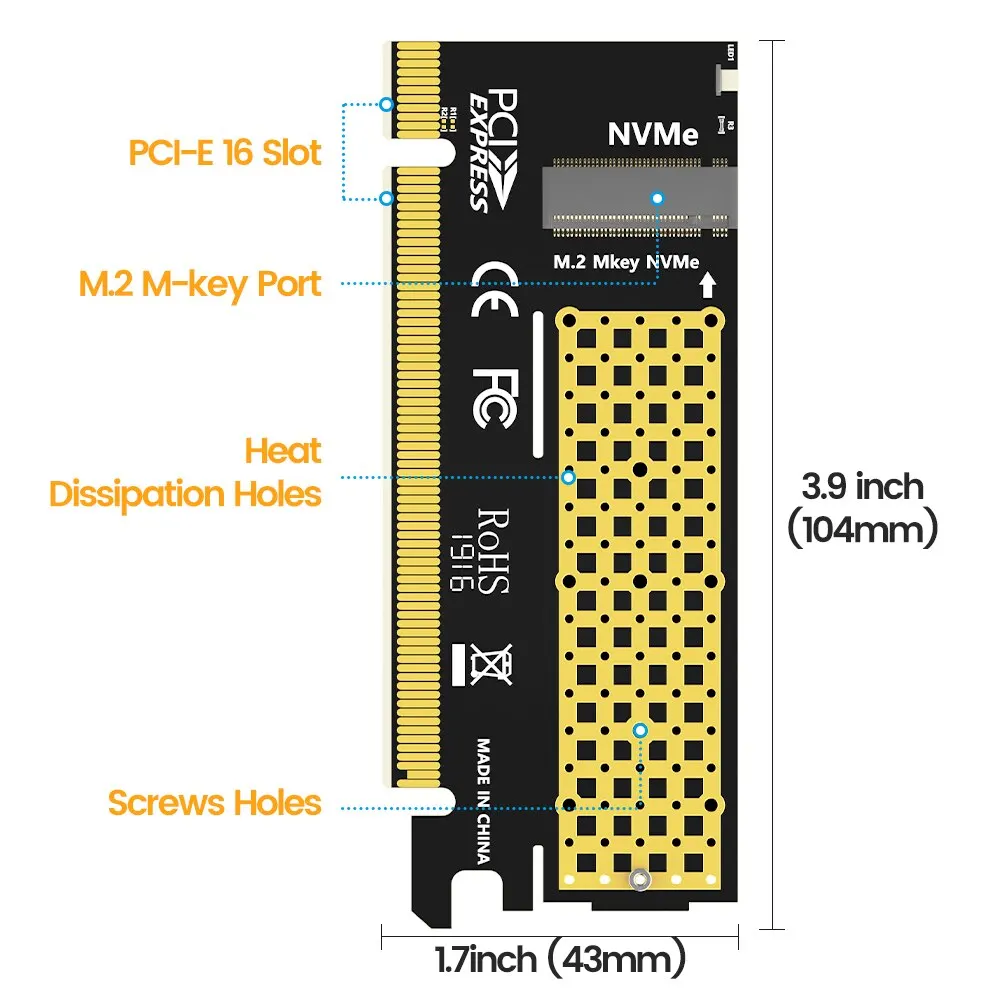 JEYI M.2 NVME to PCIE X16 Adapter, 2280/60/42/30 NVMe SSD to PCIe 4.0 3.0 GEN4 64Gbps Expansion Card for Desktop Motherboard PC