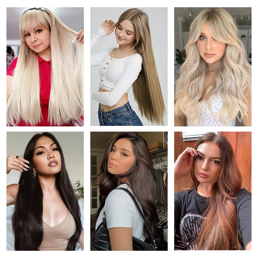 AZQUEEN-extensiones de cabello sintético para mujer, pelo largo y liso con 16 clips, color rubio Natural, resistente al calor, 7 unidades por Set