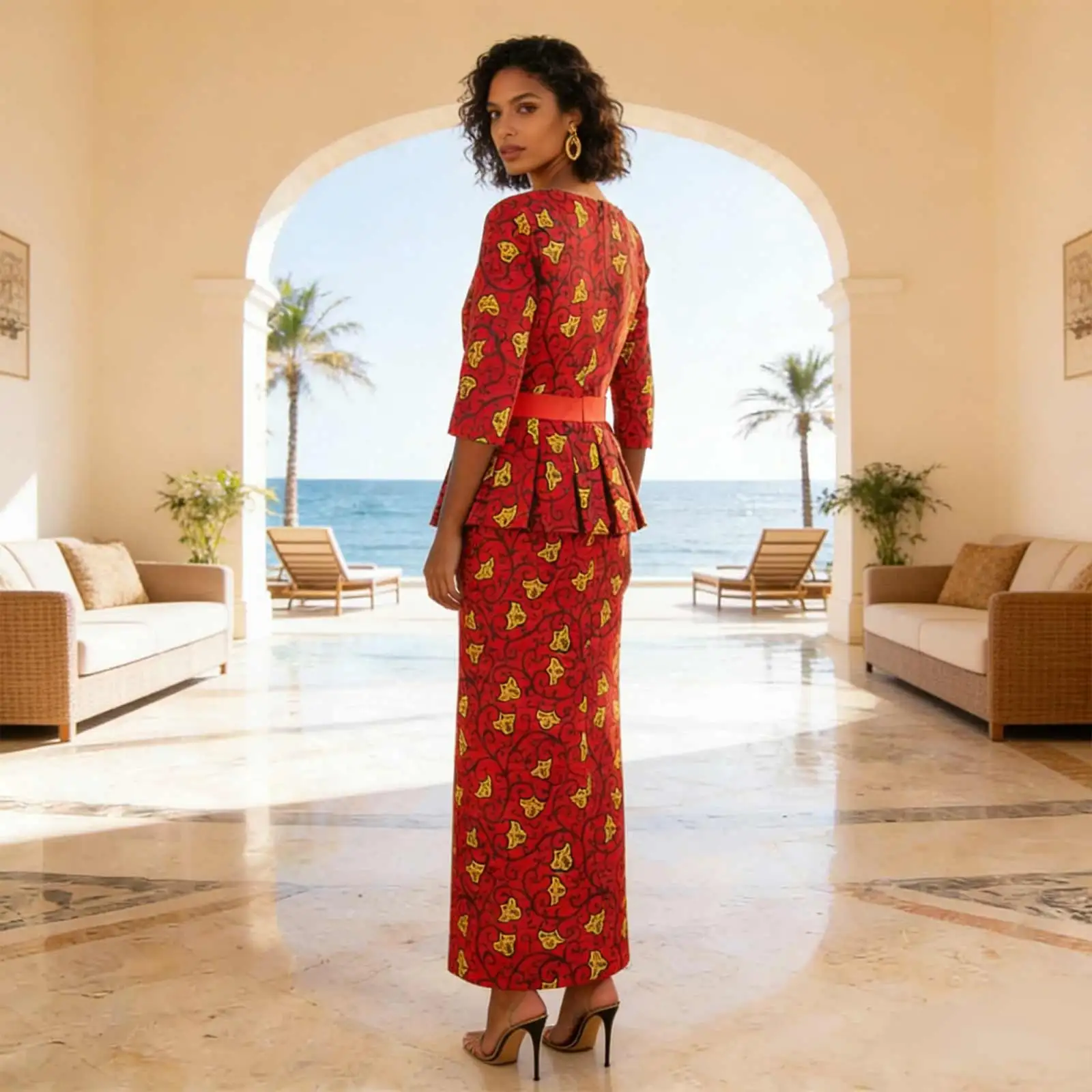 African Clothes for Women Crop Tops and Maxi Skirts 2 Piece Set Vintage Traditional Outfits Ankara Attire with Belt A2226010