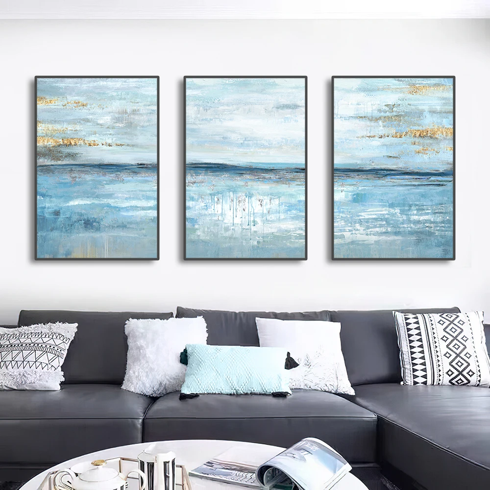 3PCS Frameless Posters Abstract Light Blue Gold Foil Canvas Painting Pictures Nordic Wall Art Print For Living Room Home Decor