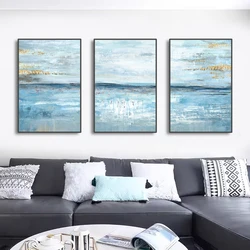 3PCS Frameless Posters Abstract Light Blue Gold Foil Canvas Painting Pictures Nordic Wall Art Print  For Living Room Home Decor