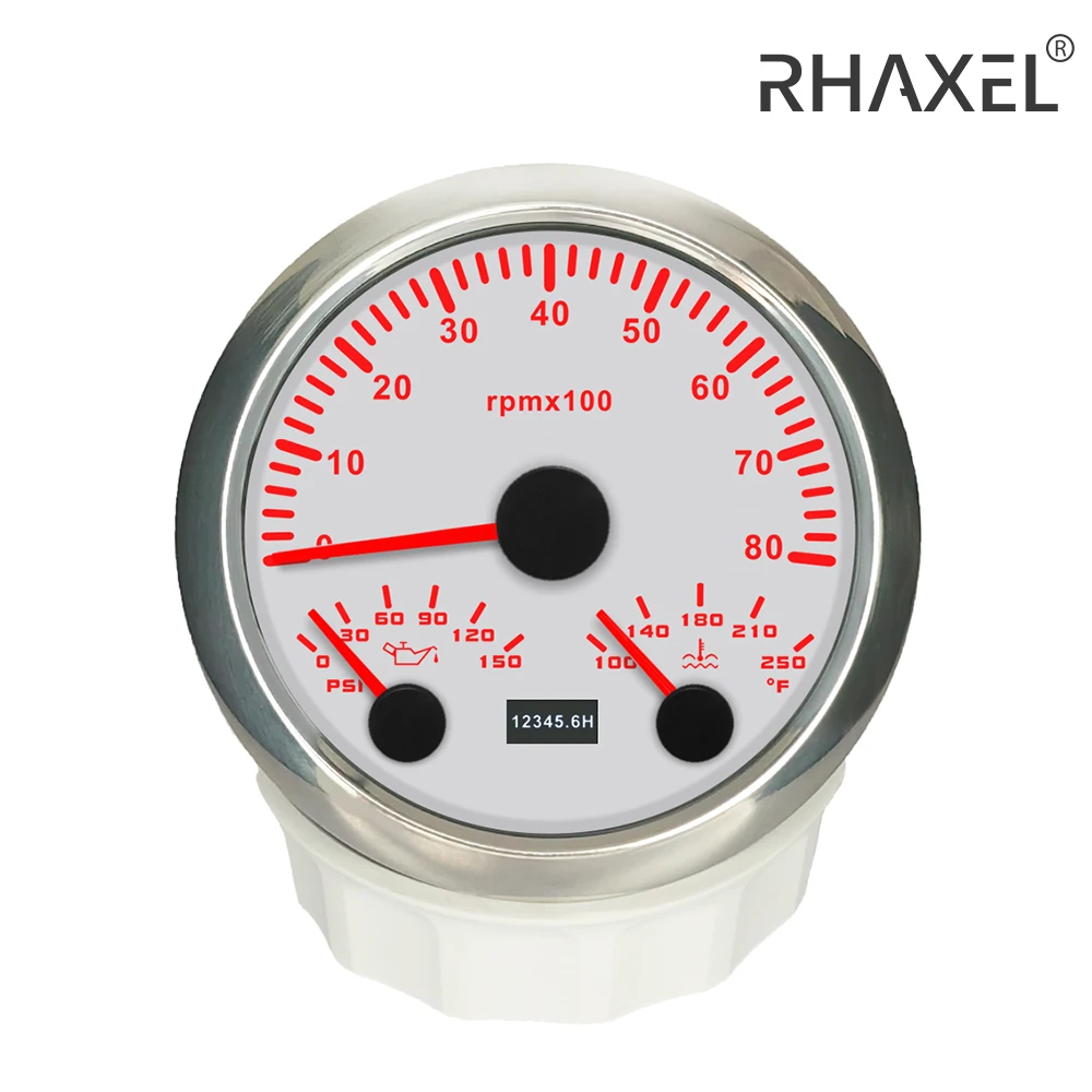 RHAXEL 3 3/8'' 3 in 1 Multi-function 6000RPM Tachometer with Oil Pressure Water Temp for Car Boat 7 Colors Backlight 12V 24V