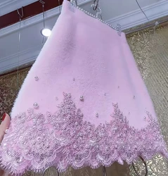 High end Heavy Industry Pink Hook Flower Lace Splicing Gold Mink Fur Thickened Skirt Women's Chic Sweet Autumn Winter Half Skirt