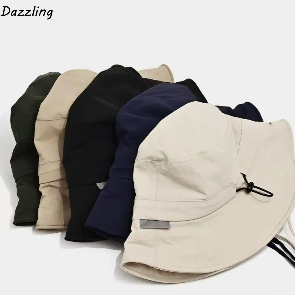 

UV Protection Drawstring Fishmen Hat Japanese Solid Color Wide Brim Sun Hat All-match Waterproof Quick Dry Bucket Hat Travel