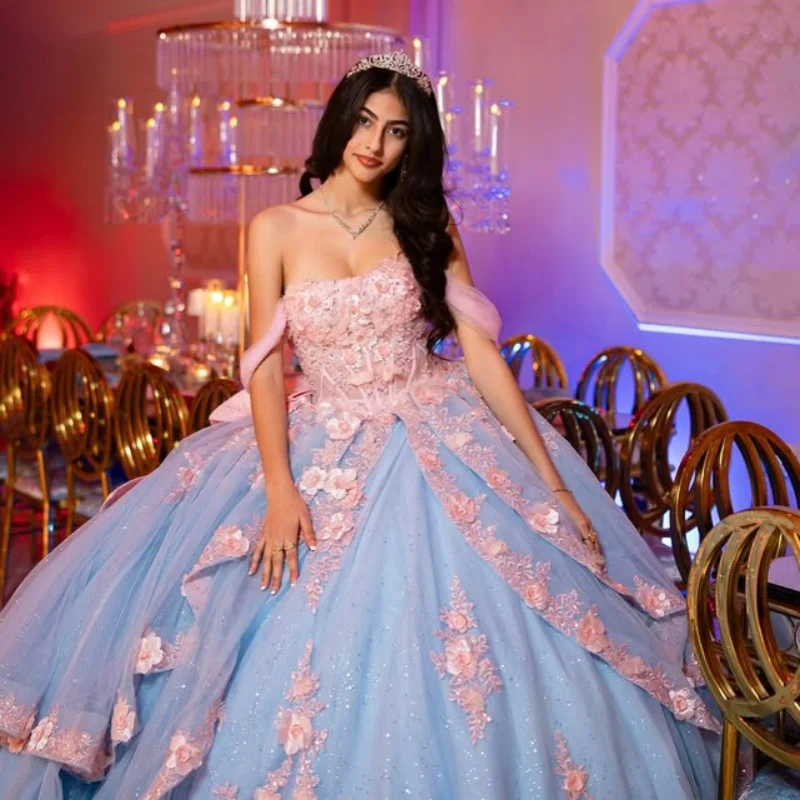 

Blue Quinceanera Dresses Off the Shoulder Glitter Crystal 3D Flower Decal Layering Long tail Vestido De 15 Quinceanera Customize