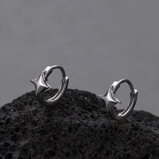 1pcs Star Cross Small Hoop Earrings for Men Women Hip Hop Retro Black Silver-color Street Gothic Ear Jewelry