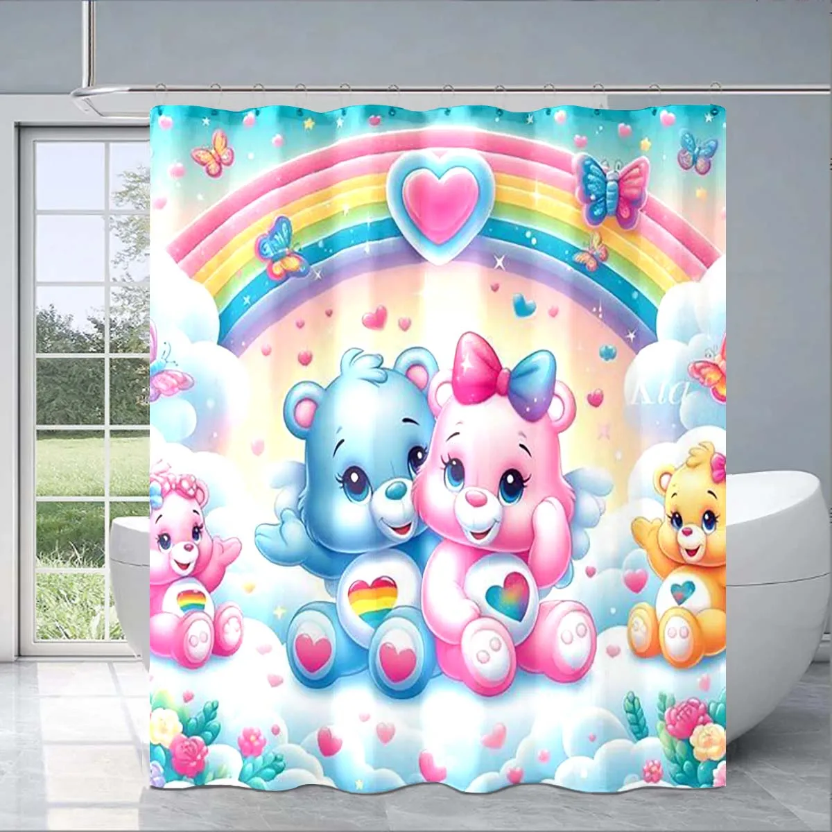 Cartoon Teddy Bear Shower Curtain, Love Teddy Bear Pattern Shower Curtain, Adult and Children's Bathroom Decoration