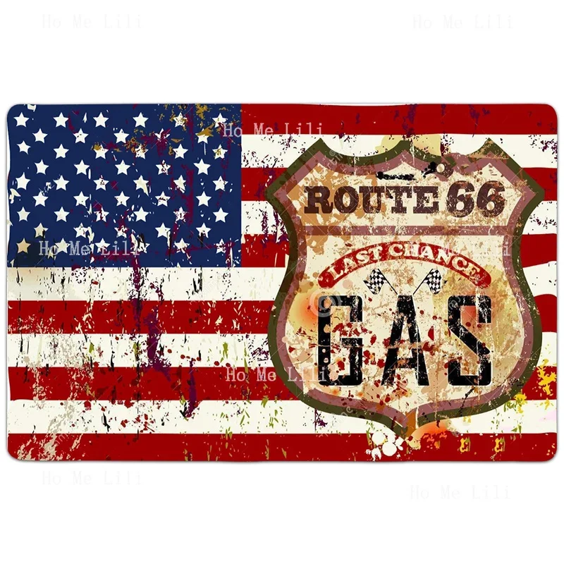 Classic Vintage Route 66 Gas Station American Flag Red White And Blue Picture Non Slip Flannel Floor Rugs By Ho Me Lili