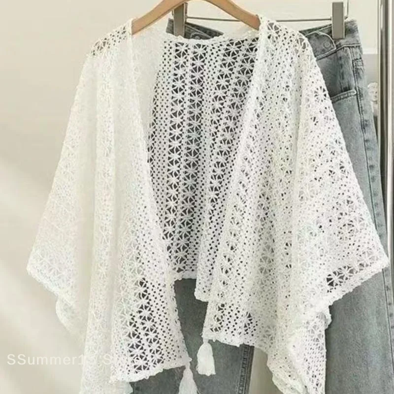 【r】cobertura-feminina-de-verao-em-renda-de-malha-com-franjas-elegante-para-praia-com-frente-aberta-e-protecao-solar