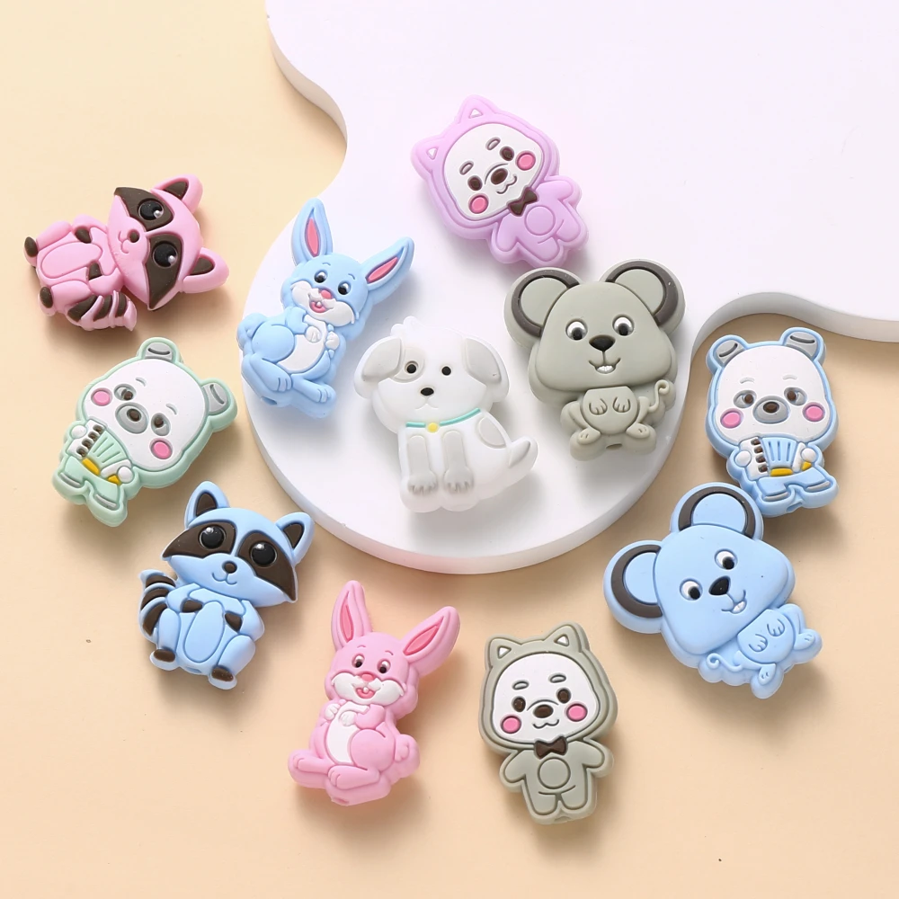 10Pcs Animal Silicone Beads Cartoon Cute Dog Mouse Bunny Teether Beads For Nursing Chew Toy Making DIY Pacifier Chain Keychain