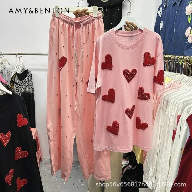 重工業風ダイヤモンド付きハート柄ルーズ半袖Tシャツトップスと伸縮性ウエストワイドレッグロングパンツのツーピースセット（女性用）