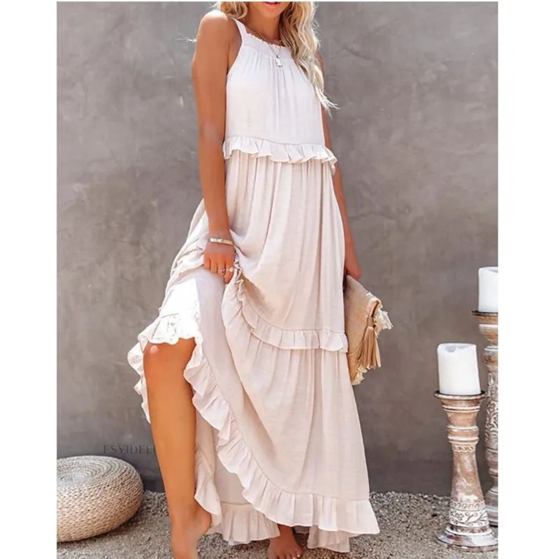 

2024 Summer New Vacation Wind Lotus Leaf Edge Long Dress Solid Color Neck Large Swing Flowing Beach Long Dress for Women