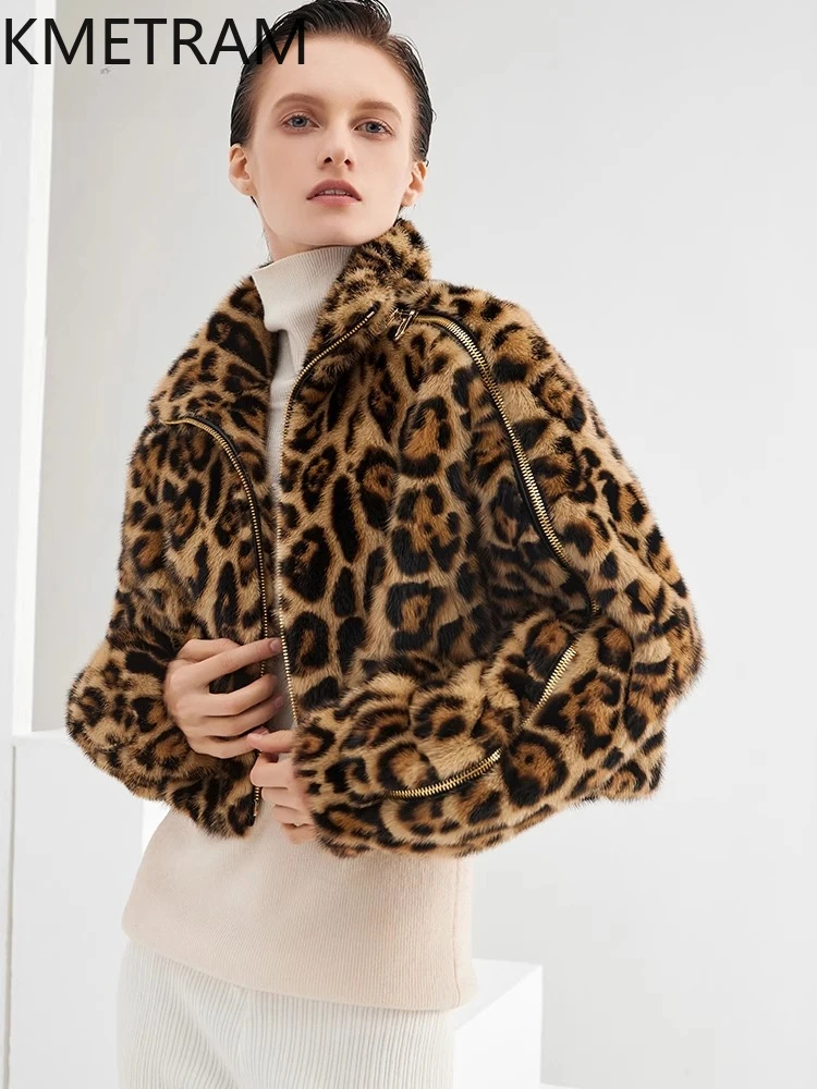 سترة من فرو المنك الطبيعي لعام 100% للسيدات فاخرة بطبعة الفهد معطف قصير من الفرو الحقيقي معاطف شتوية ملابس نسائية 2025 شبابانا نسائية