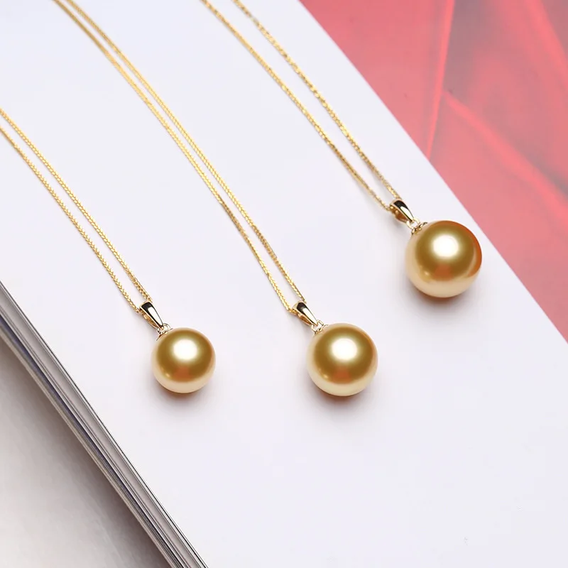 Elegant Classic Gold Sea Pearl 12-13mm Necklace Pendant Golden with Chain Fashion for Women Jewelry Gifts