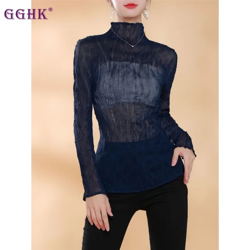 

GGHK Pleated Women T-Shirt Solid Color Round Neck Long Sleeve Loose Stretchy Sexy Thin Female Tops 2025 Summer New