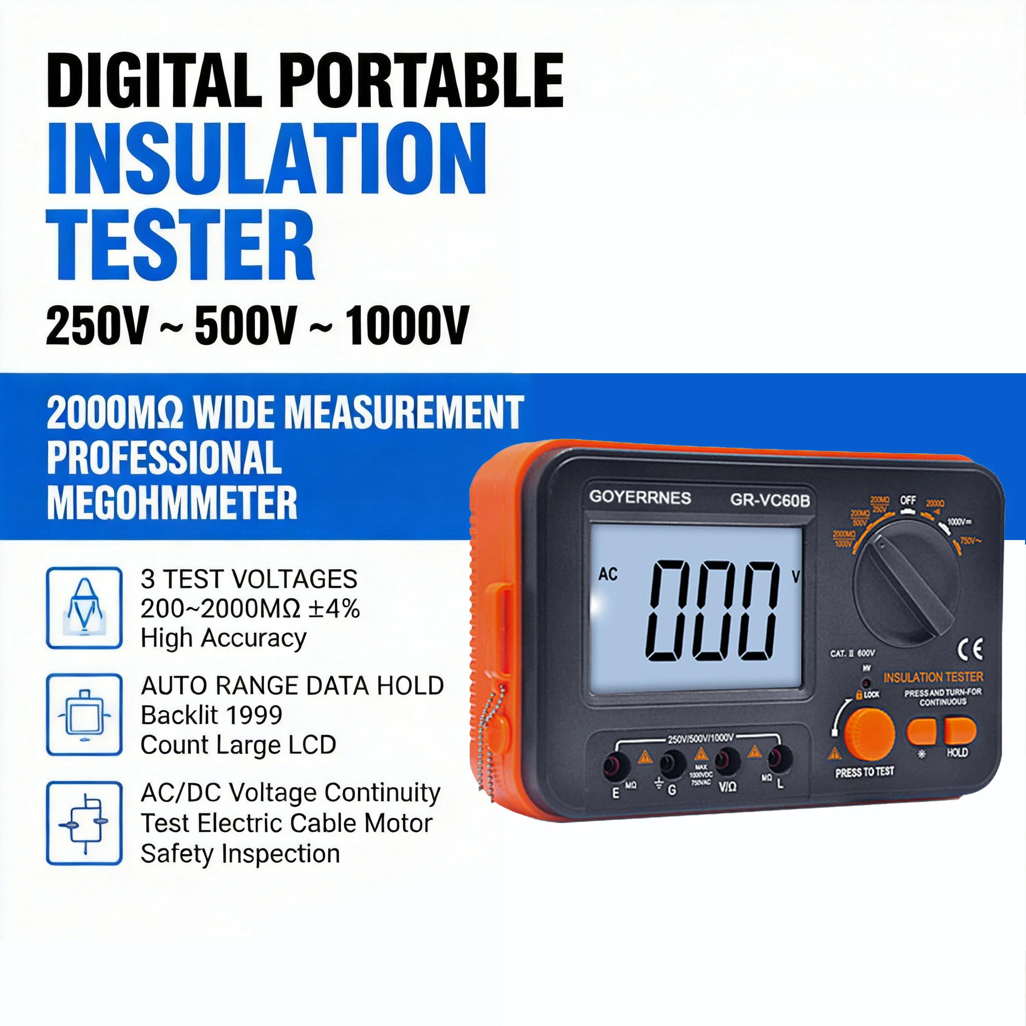Digital Insulation Tester 250V/500V/1000V Megohmmeter AC/DC Voltage Resistance Continuity Backlight Holdpeak T6-VC60B