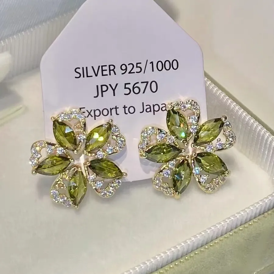 Forest Style Olive Green Zircon Flower Stud Earrings For Women New Trendy Crystal Ears Accessories Jewelry Gift Party Daily Wear