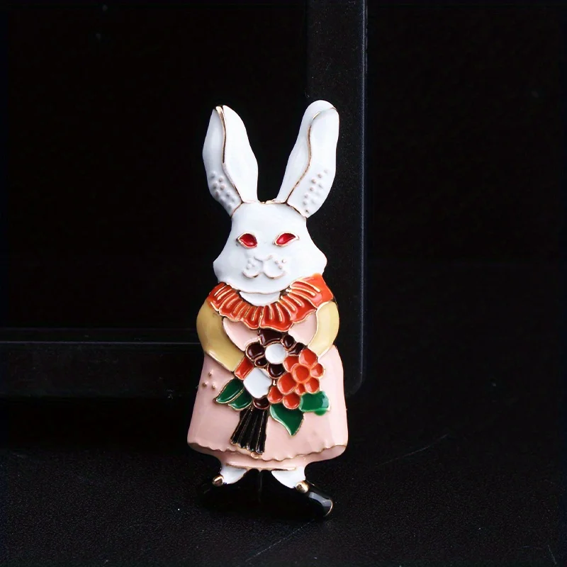 Three-dimensional Cartoon Cute Alice in Wonderland with Bunny Brooch Holding Flowers