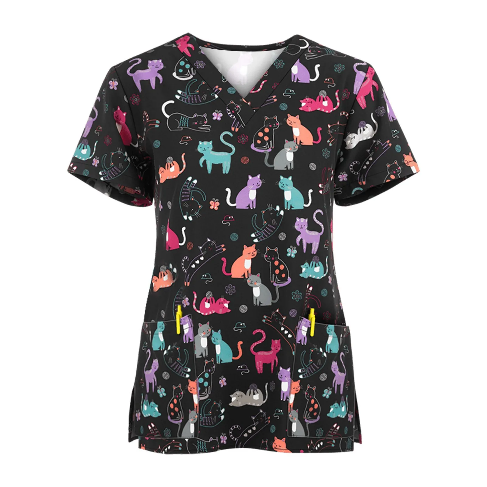 Summer Short Sleeve Printed V-neck Polyester Tops Surgical Gowns For Veterinarians And Nurses Unique Design Sense Nurse Clothes