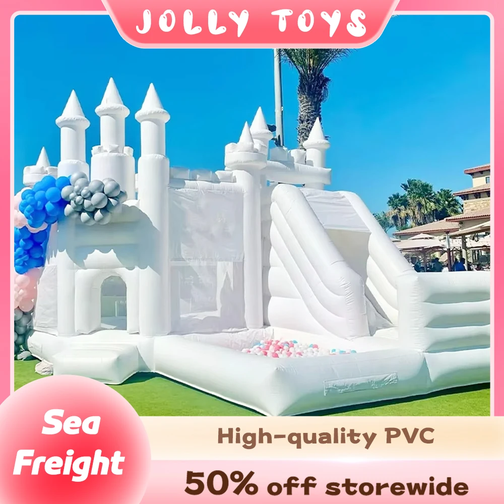 Corrediça inflável do bouncer com poço de bola para crianças perfeito para festas de casamento aniversários diversão ao ar livre soprador de castelo branco incluído