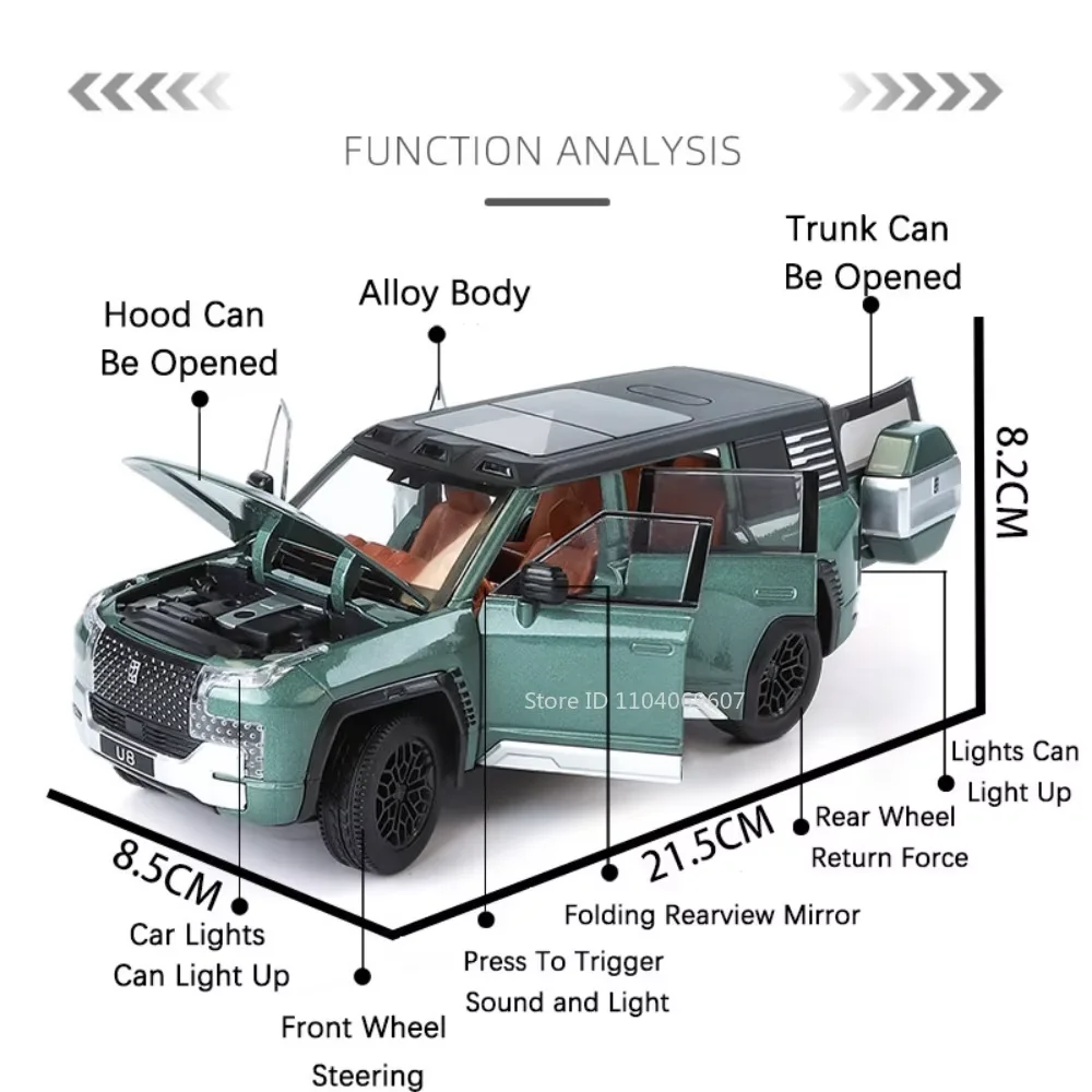 1:24 Scale BYD YangWang U8 Model SUV Car Toys Alloy Diecast Pull Back Doors Opened Shock Absorption Off-road Vehicle Ornaments