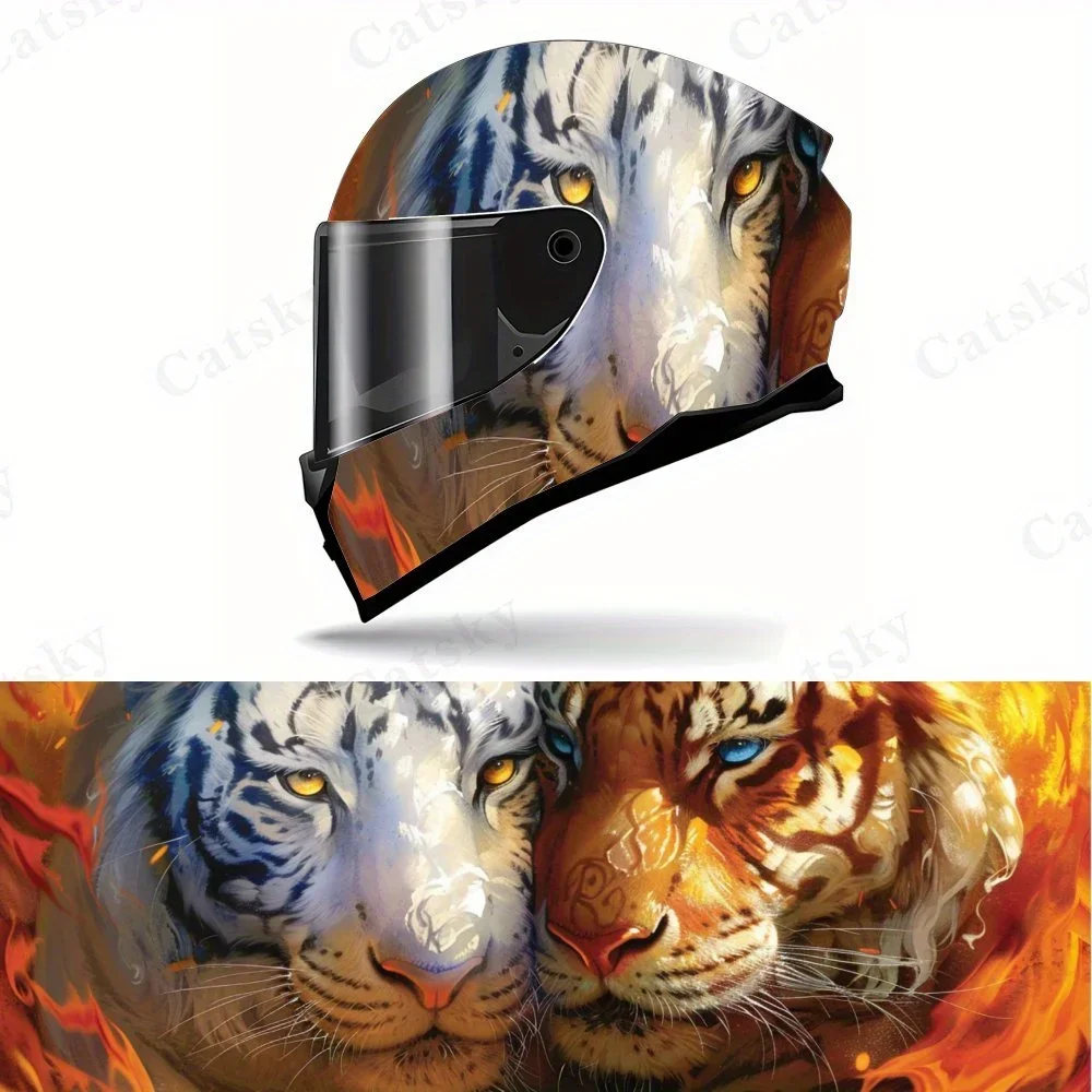 

Double Tigers and Flames Motorcycle Helmet Vinyl Wraps Decal, Self-adhesive Waterproof Helmet Decoration, Cool DIY Graffiti Film