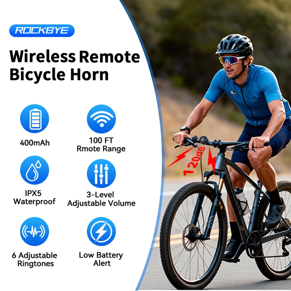 Rockbye Fahrrad-Elektroklingel 120dB USB-Aufladung MTB Roller Rennrad Lenkerhorn 6 Modi Alarmton Fernbedienung – Detail 1