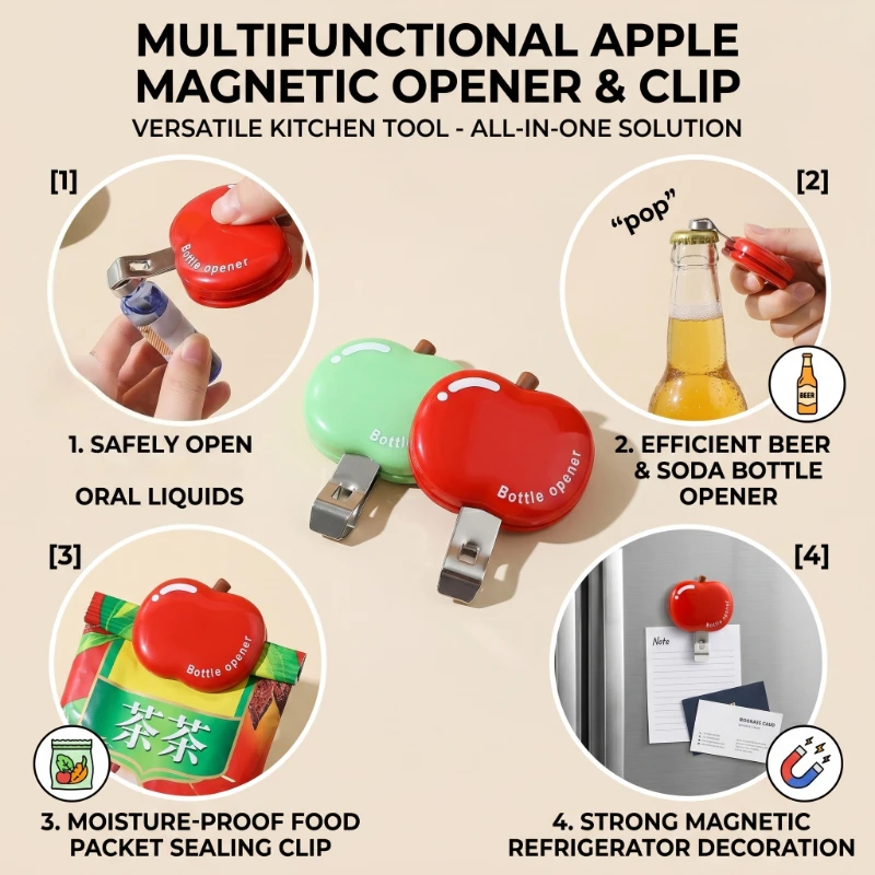 1/2pcs Food Sealing Clip Magnetic Suction Apple Shaped Bottle Opener Multifunctional Beer Bottle Opener Household Bottle Opener